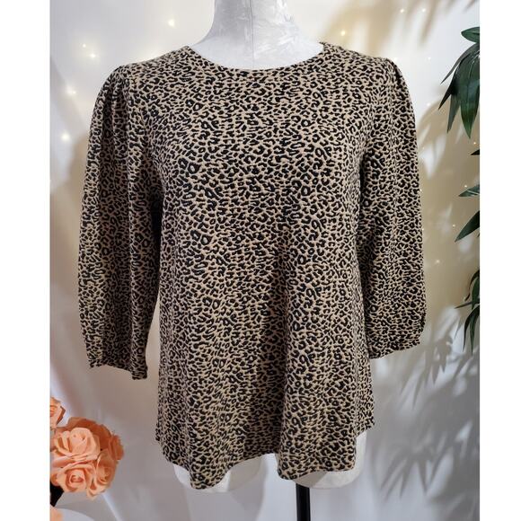 Chicos Womens Leopard Animal Print 1/2 Puff Sleeve Knit Top Size 2 L Office Work - Picture 1 of 11